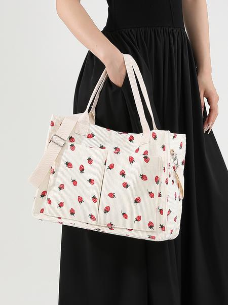 Small fresh strawberry print canvas tote bag for women Strawberry Themed Bag Large capacity multi-pocket shoulder bag Fashionable and versatile student bag Can hold mobile phones and cosmetics to meet the capacity needs of daily commuting and shopping
