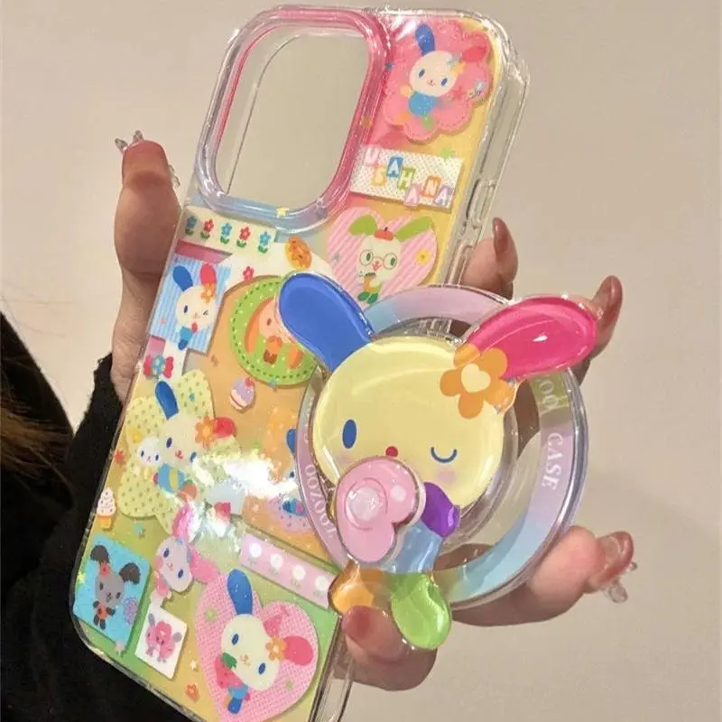 Magnetic color splicing color ear rabbit phone case with rotating magnetic bracket for iPhone 11 12 13 14 15 16 17 pro max