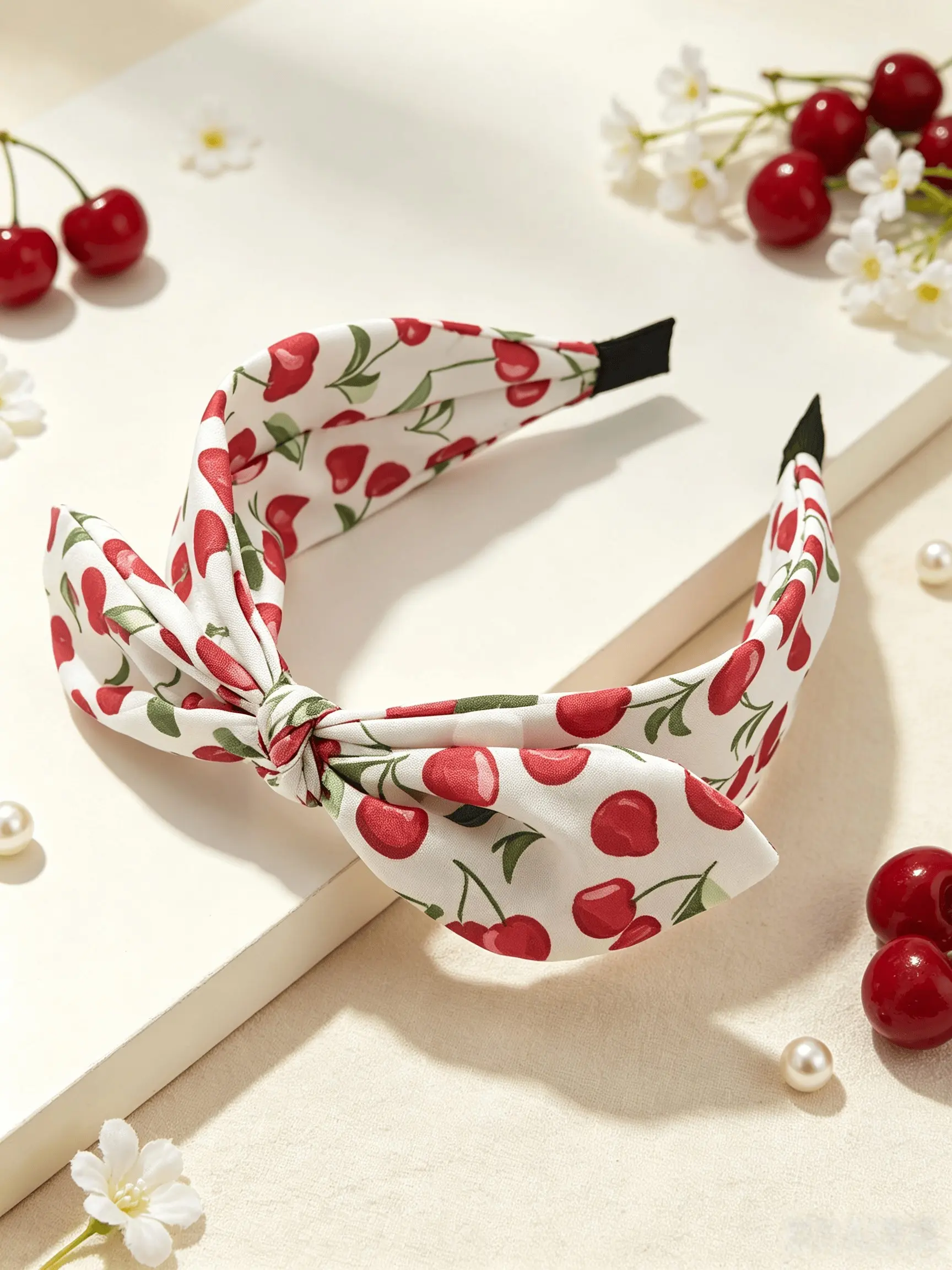 Summer Women's Cute Cherry Print Bunny Ears Wide Band Hairband, High Crown Pressed Hair Accessory, Bohemian Elegant Style
