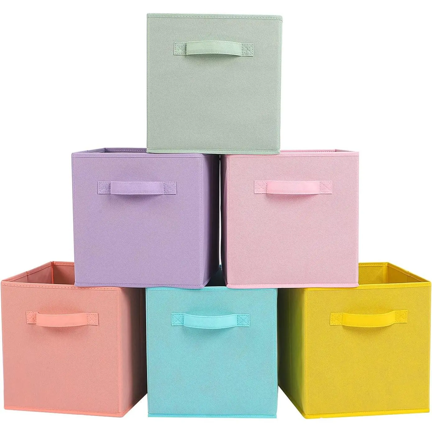 6-Pack Colorful Foldable Cube Storage Bins with Handles - Home Organiser Boxes for Home, Kids Room Decoration & Laundry Organization (Cyan, Green, Yellow, Purple, Pink, Peachpuff), Toy Storage, 10.6X10.6"