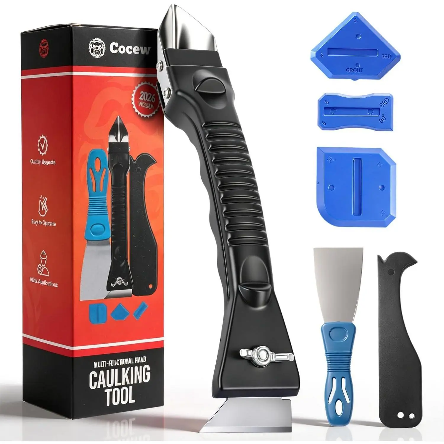 Silicone Caulking Tool Kit, Caulk Remover Tool, Putty Knife Scraper, 3 Glass Glue Corner Scrapers, Grout Removal Tool with Stainless Steel Head for Kitchen Bathroom and Window