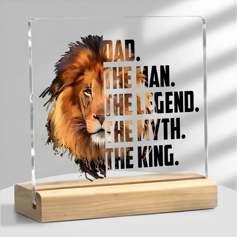 2D Flat, 1pc King Dad Gift Acrylic Plaque with Wooden Base Powerful Gift for Father from Daughter or Son Desk Decor for Home Office Birthday Fathers Day Christmas Gifts