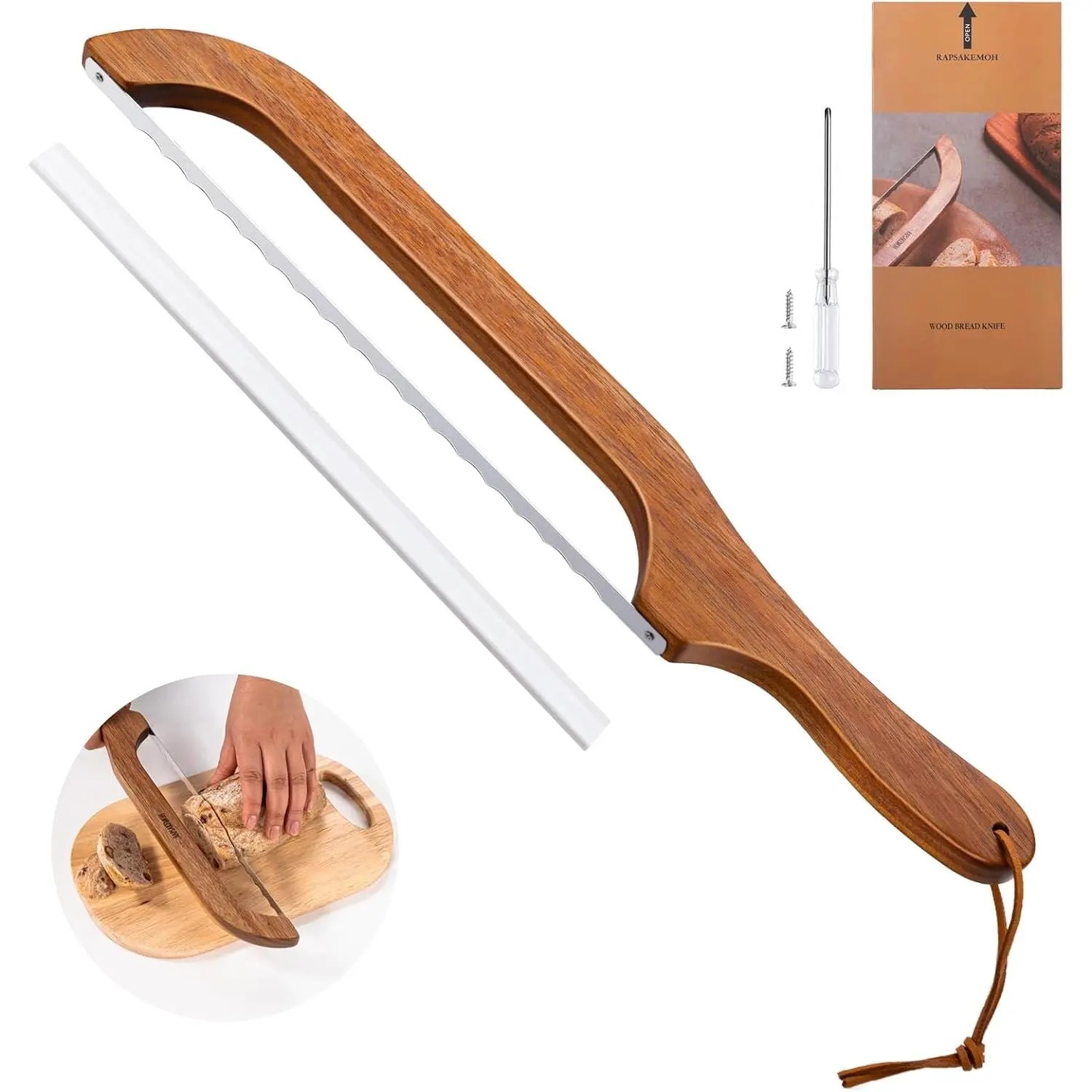 Sourdough Bread Knife for Homemade Bread, Wooden Bread Bow Slicer with 10.6-Inch Serrated Stainless Steel Blade for Clean, Even Slices