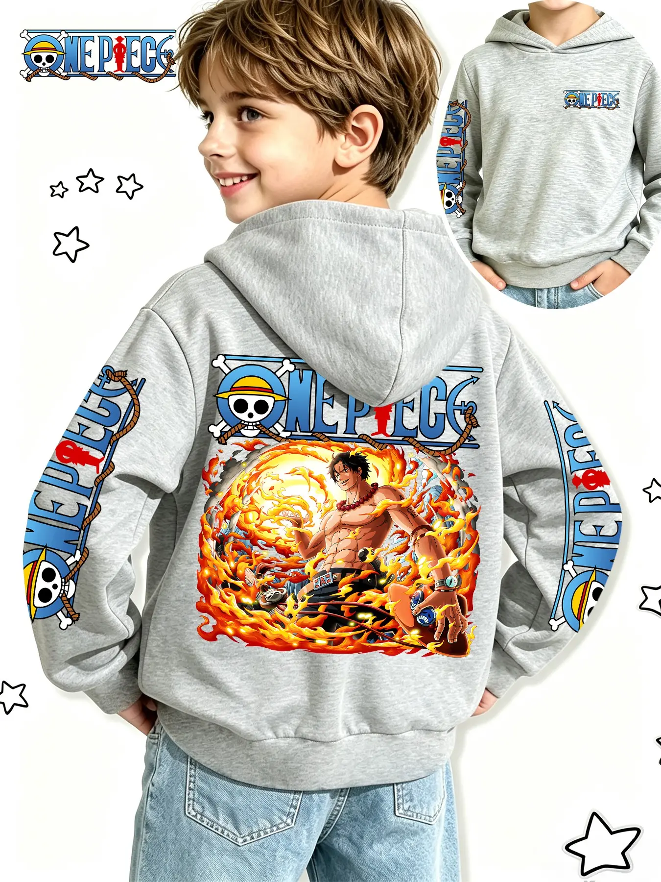 One Piece Official Boys' Anime Sweatshirt, Ace Flame Burst Print, Spring Fall Casual Hoodie, Perfect for Holidays and Daily Wear