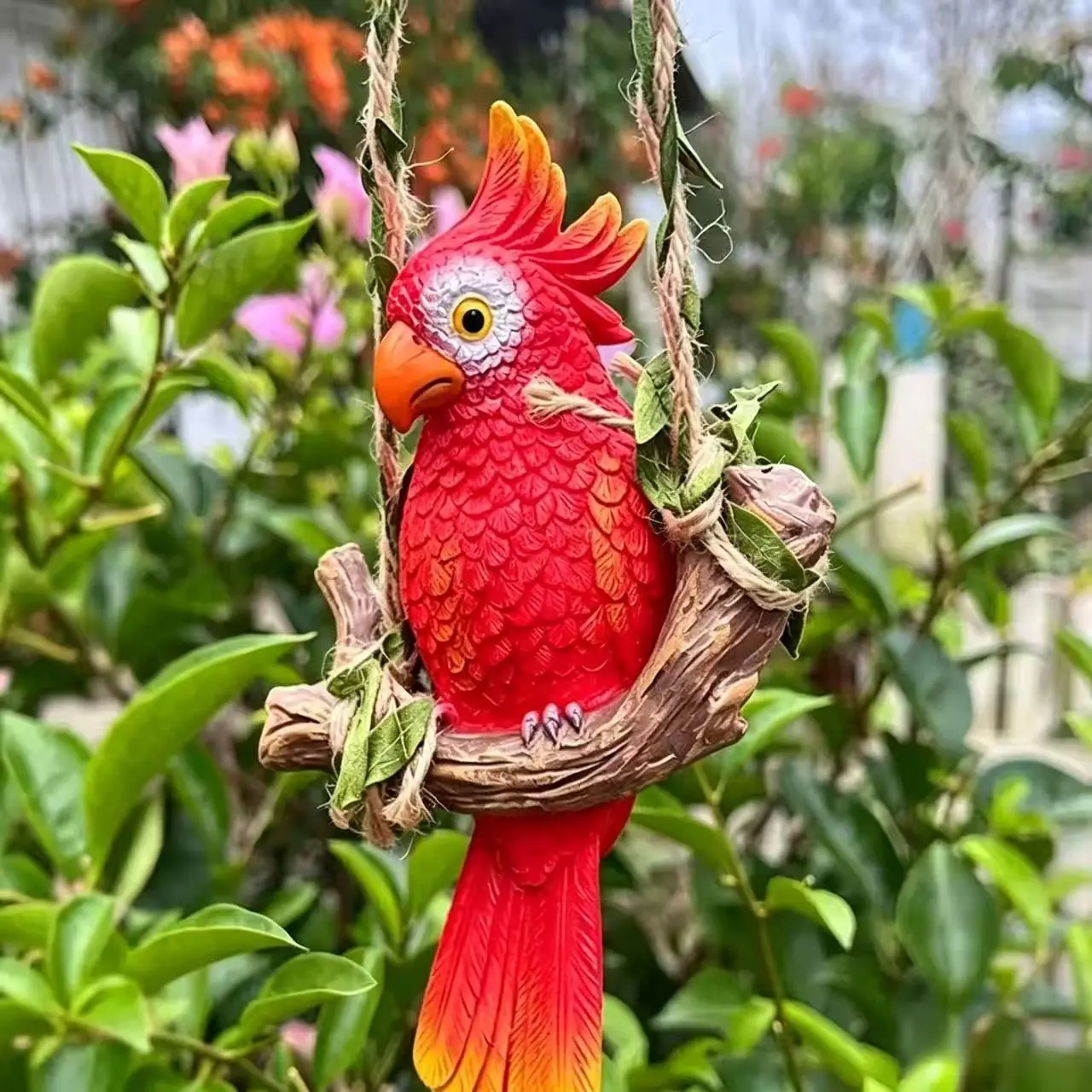Realistic Parrot and Swing Decorative Piece, and Parrots, Ideal for Garden, Balcony, Outdoor Spaces, Perfect Gift