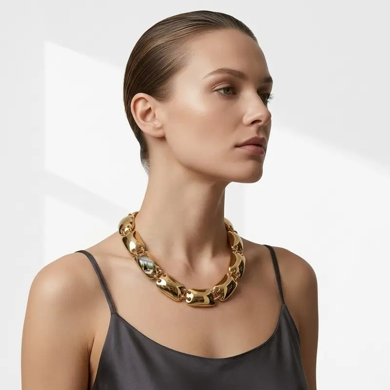 Women's Bold Geometric Alloy Base Choker Necklace - Glossy Finish Geometric Splices, Light Luxury Chunky Chain Clavicle Jewelry for Female Wear, Ins Style, Choker Shape, Chunky Chain Necklace, Bold Look, Elegant