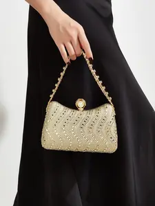 Sparkling Gold Rhinestone Clutch Bag, Top Handle Evening Purse with Pearl Clasp, Diamond Chain Handbag for Wedding Cocktail Party