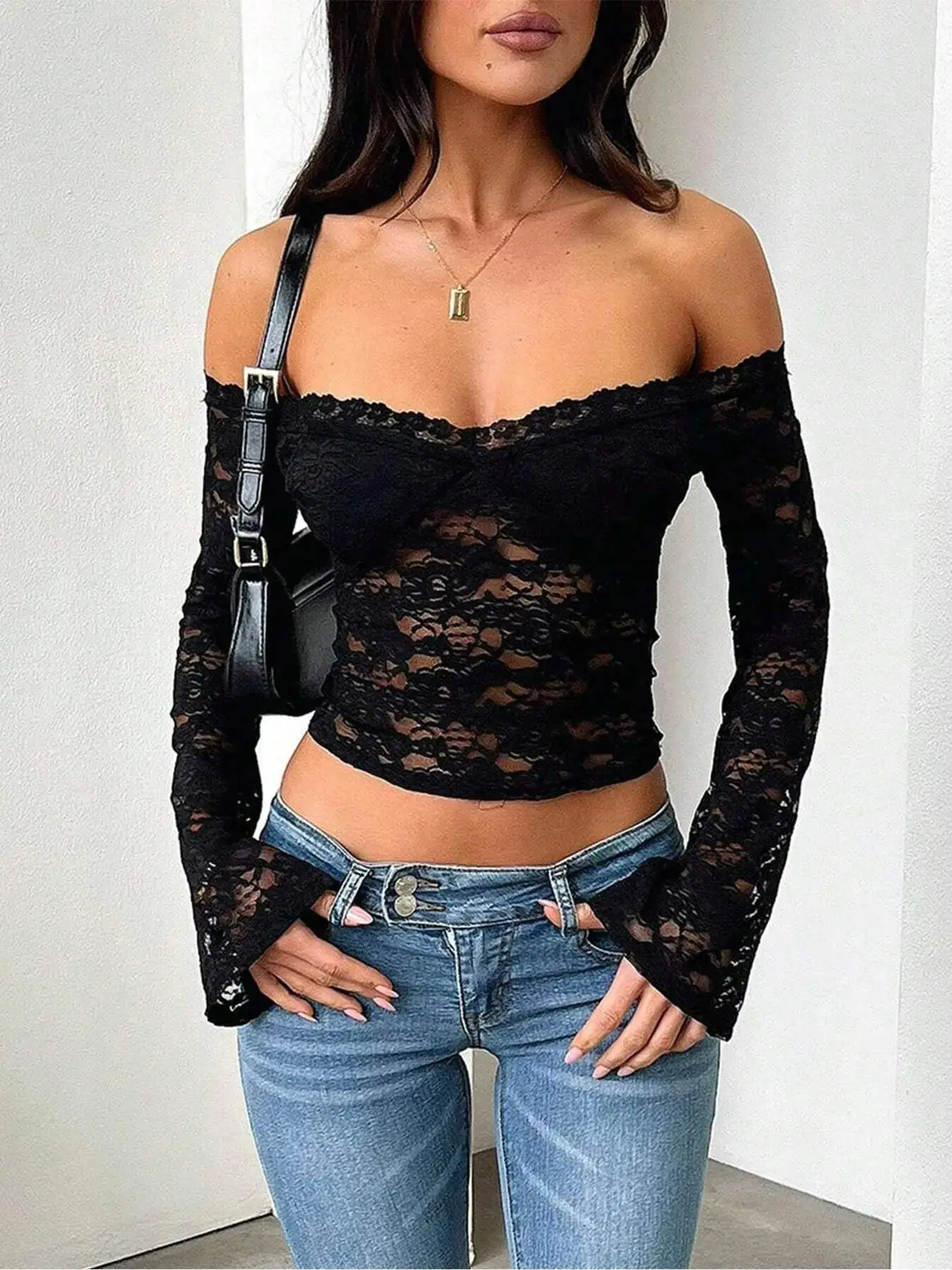 Women's Sexy Lace Hollow Out Cutout Crop Top, One Shoulder Long Sleeve Fitted Blouse, Casual Spring & Fall Fashion, All Seasons Wear Feminine