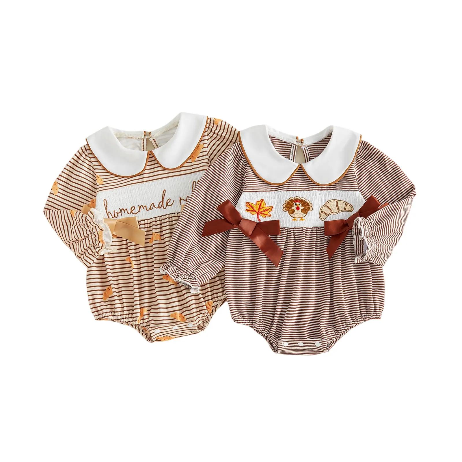 Infant Baby Girls Thanksgiving Romper Smocked Long Sleeve Doll Collar Striped Jumpsuit Fall 0-18 Months