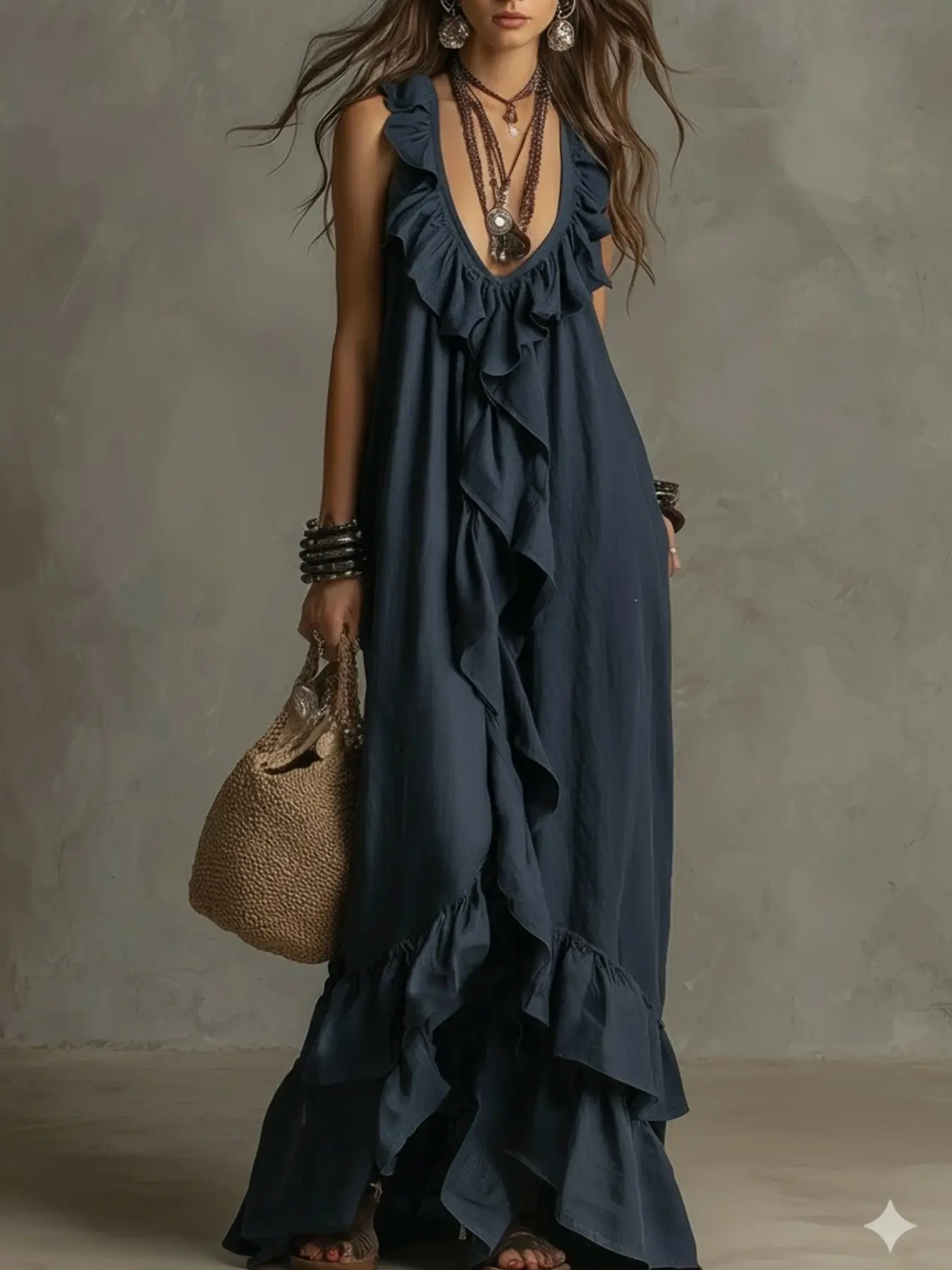 Women's Sleeveless Ruffle Nightgown, Deep V Neck Boho Maxi Sleep Dress, Casual Lounge Dress, Resort Vacation Nightwear