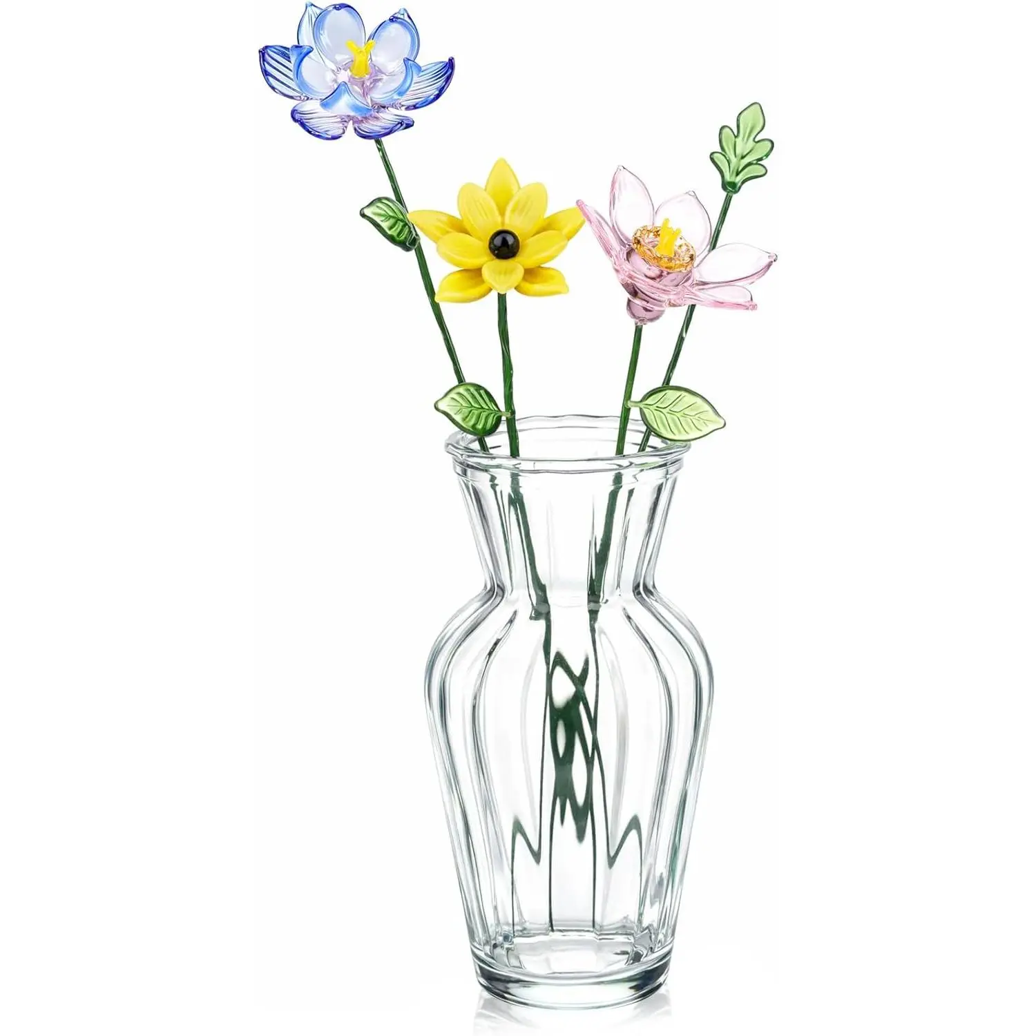 HunnmingRe 5 Pcs Glass Flowers with Vase, March Birth Month Flower Decor, Handmade Blown Glass Birthday Flower Bouquet, Birthday Gifts for Women Mom, Home Office Table Centerpiece Wedding Decor