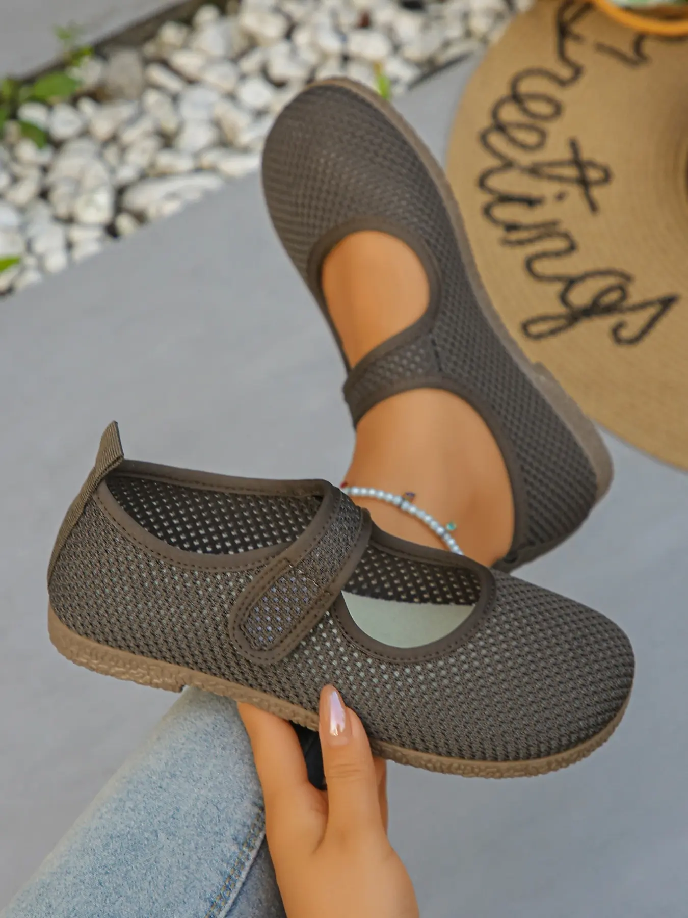 Women's Breathable Mesh Mary Jane Shoes, Velcro Flat Casual Walking Shoes, Straw Trim Soft Sole Comfortable Single Shoe, Lightweight Flat Shoes
