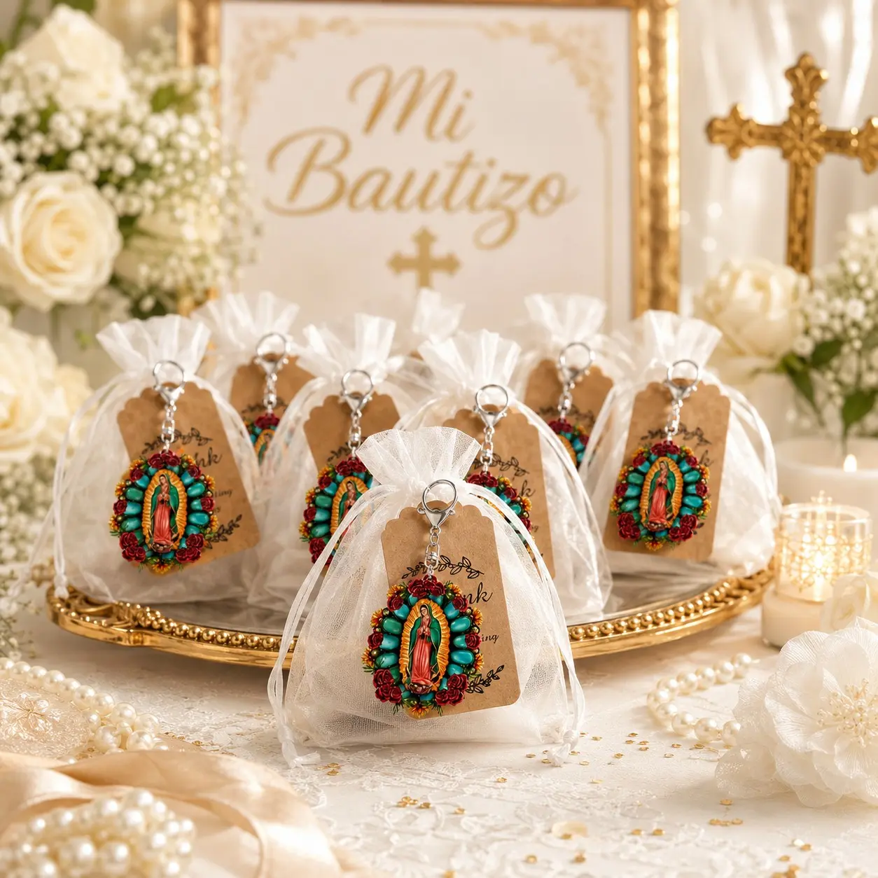 36pcs/12sets Our Lady of Guadalupe Keychain Favor Set, Virgin Mary Catholic Keychains with White Organza Gift Bags and Kraft Thank You Cards, Baby Shower Gifts, Baptism and Christening Favors, First Communion, Confirmation and Church Party Souvenirs
