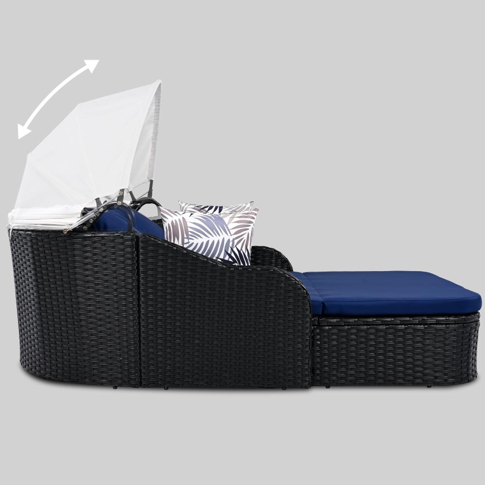 79.9" Outdoor Sunbed with Adjustable Canopy, Double lounge, PE Rattan Daybed, Black Wicker and Blue Cushion