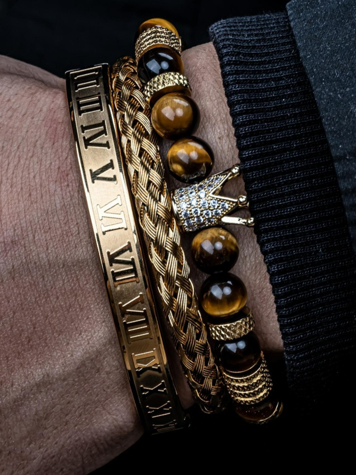 Men's Black Onyx Bracelet Set, Rhinestone Crown Decor Beaded Bracelet, Braided Bracelet, Rhinestone Decorated Bracelet, Bracelet for Men, Jewellery Accessories for Gift, Accessories, Bracelets