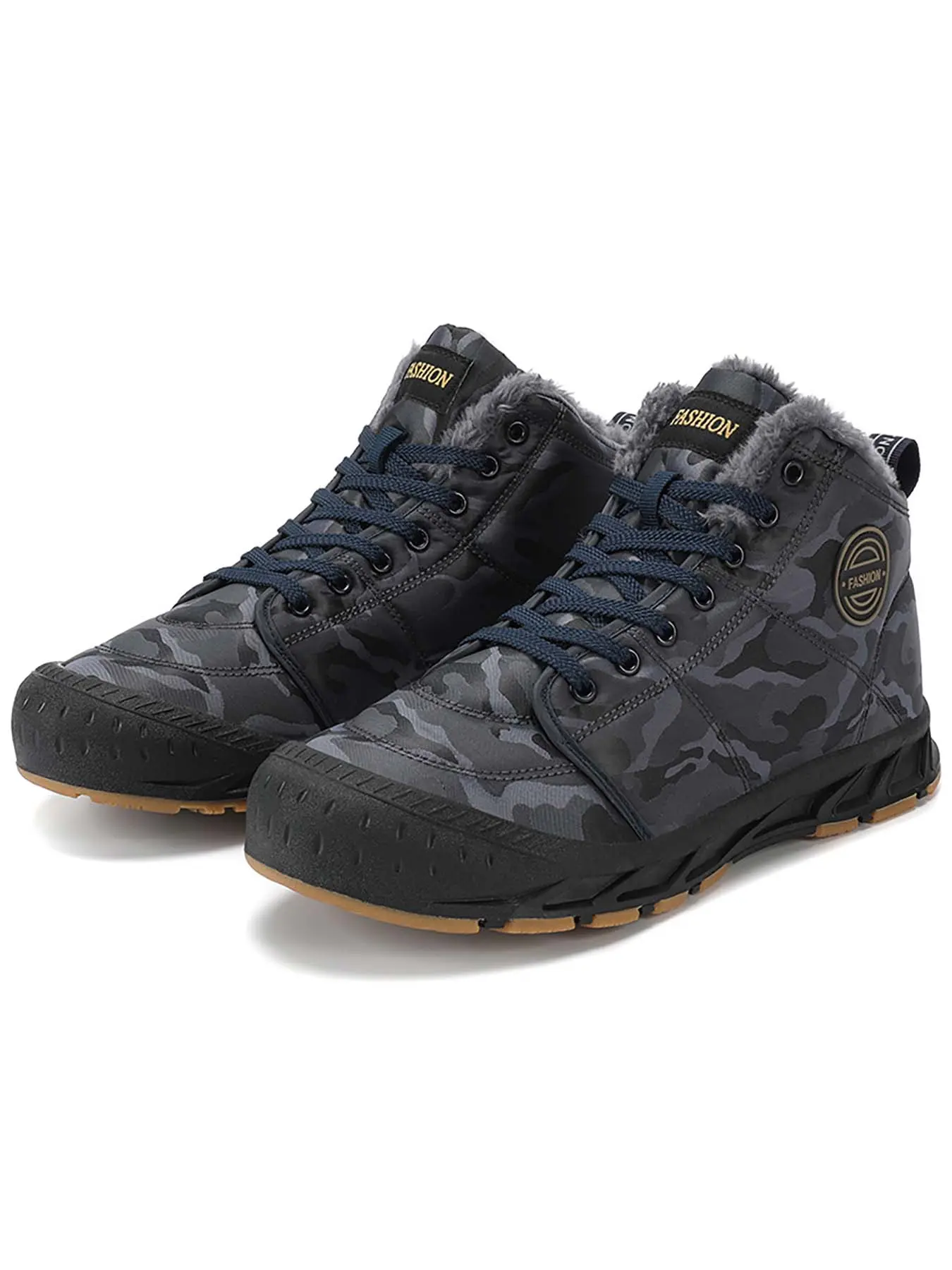 Men's Camo High Top Fleece Lined Barefoot Snow Boots, Wide Toe Box, Toe Protection Waterproof Non-Slip Winter Hiking Boots