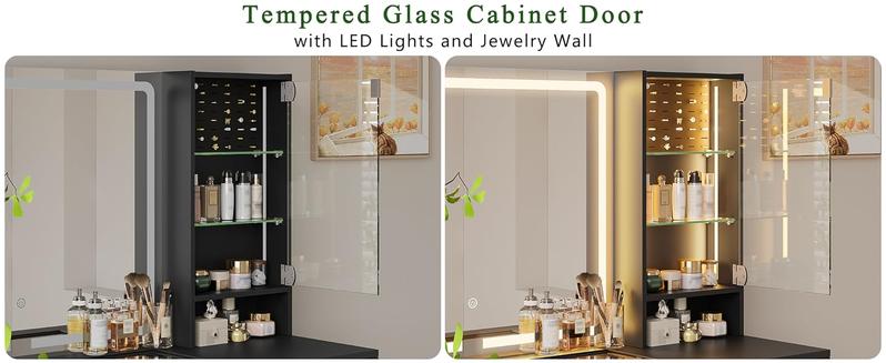 wanan 41" Vanity Desk with Glass Top, Black Vanity with Mirror and Lights, Power Outlet, Jewelry Storage, 3 Adjustable Lighting Modes, Makeup Vanity with 2 Drawers for Bedroom