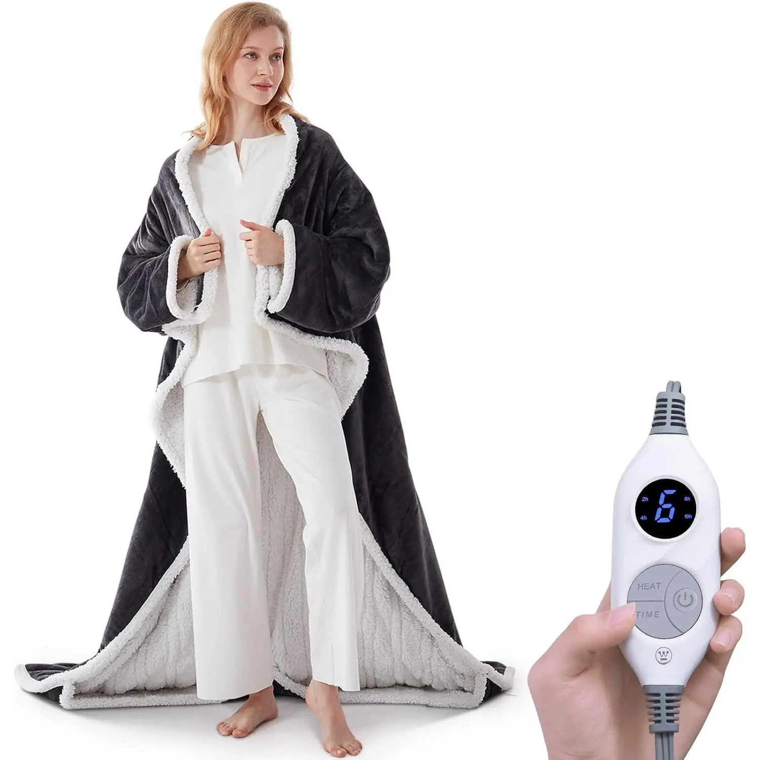 Wearable Heated Throw Blanket Flannel Sherpa 50x60 Inch Beige
