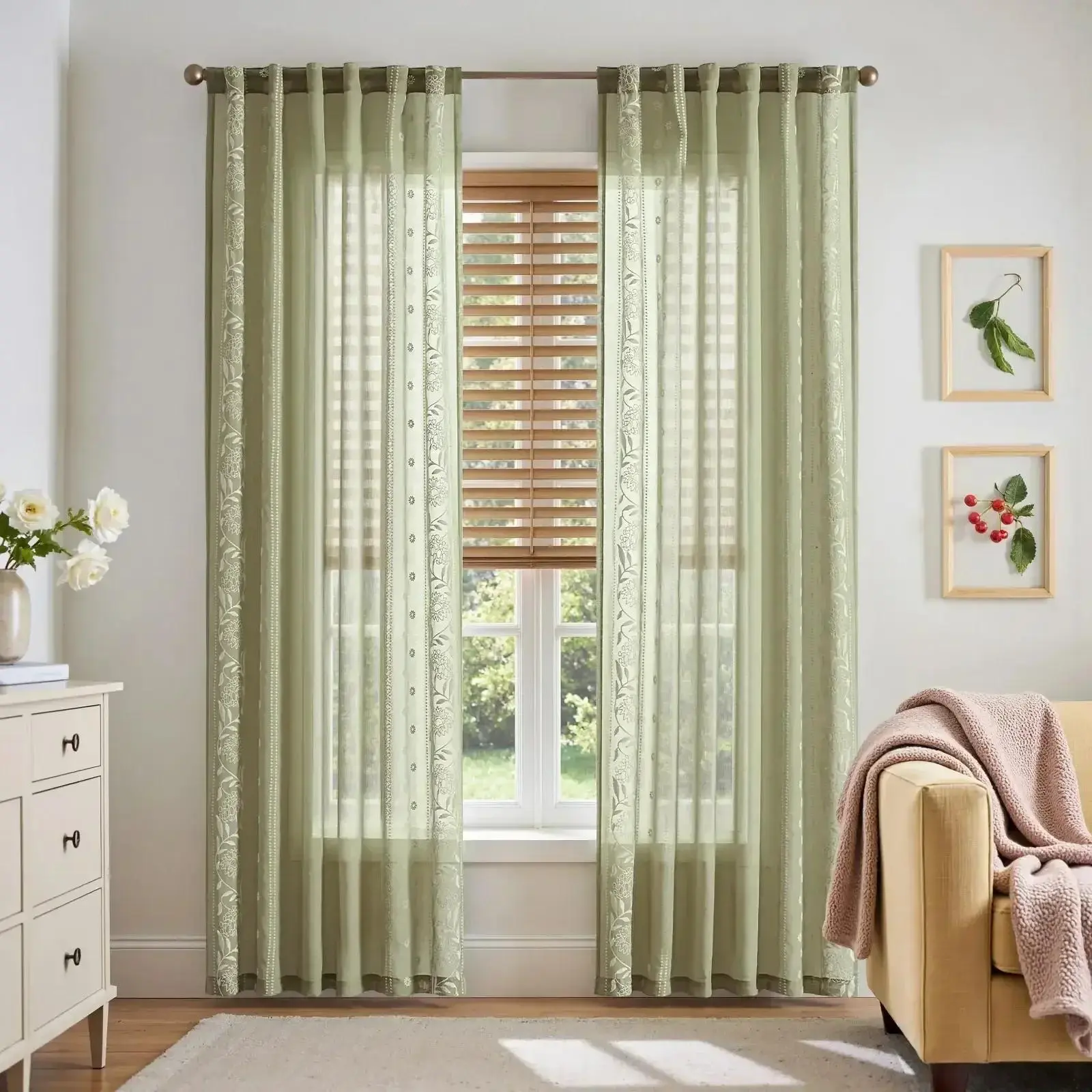 Boho Sheer Bordered Floral Embroidered Curtains