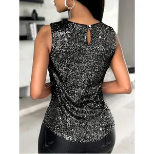 [Elegant Sequin Vest] Elegant & Sexy Women's Sequin Sleeveless Vest| A-Line Button-Back, Round Neck Shimmering Polyester Top for Parties & Daily Wear - Spring Summer Fall Collection