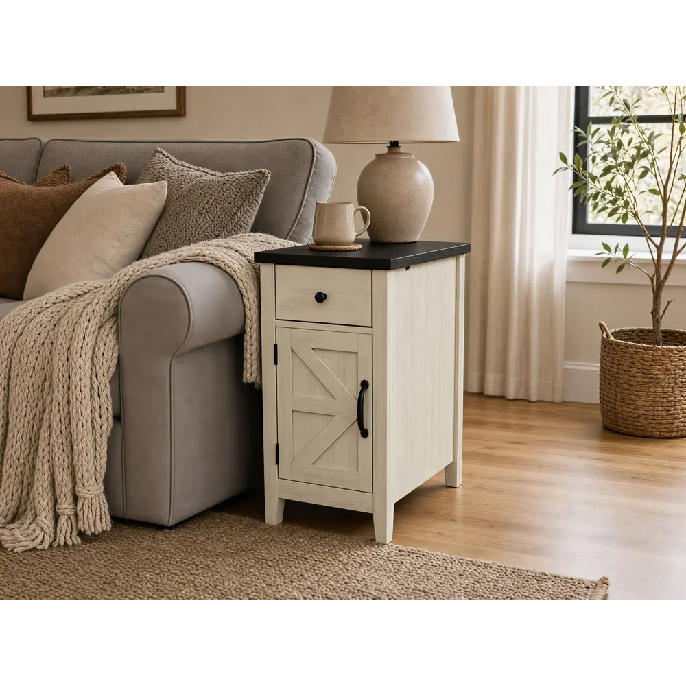 Littleox Farmhouse End Table Bedside Table with Charging Station,Night Stand with Barn Door and Drawer, Storage for Bedroom Living Room ,Bedside Table,  White+Black color