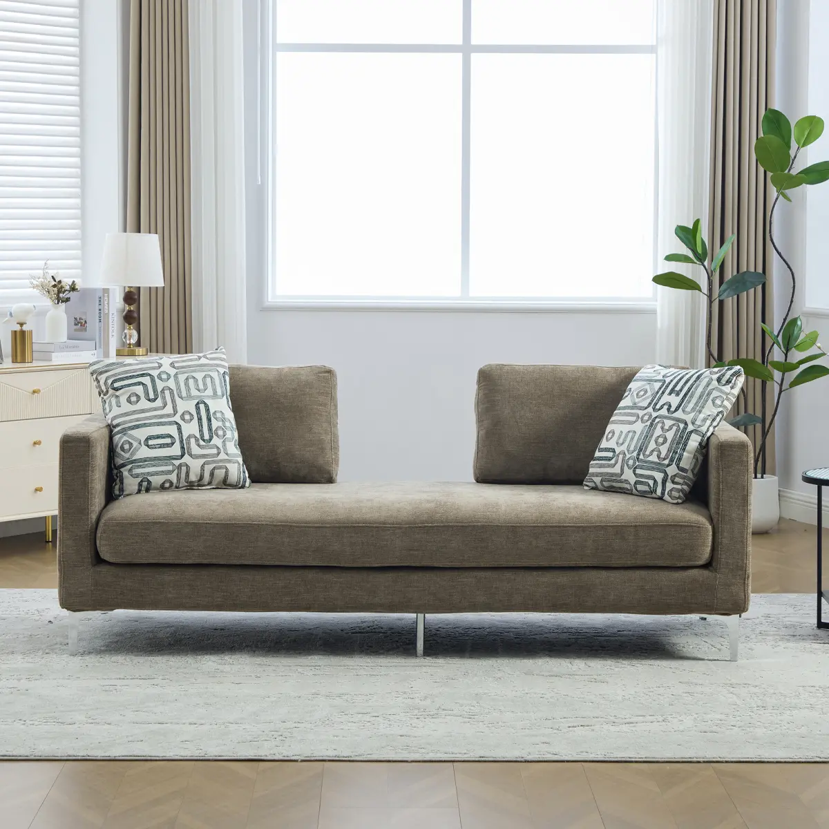 77.5''W Upholstered Chenille Slipcovered Chaise Lounge, Modern Oversized Settee Couch with 4 Pillows, Sleeper Sofa Daybed Bench with Armrest & Open Backrest for Living Room Guest Bedroom Window.Taupe