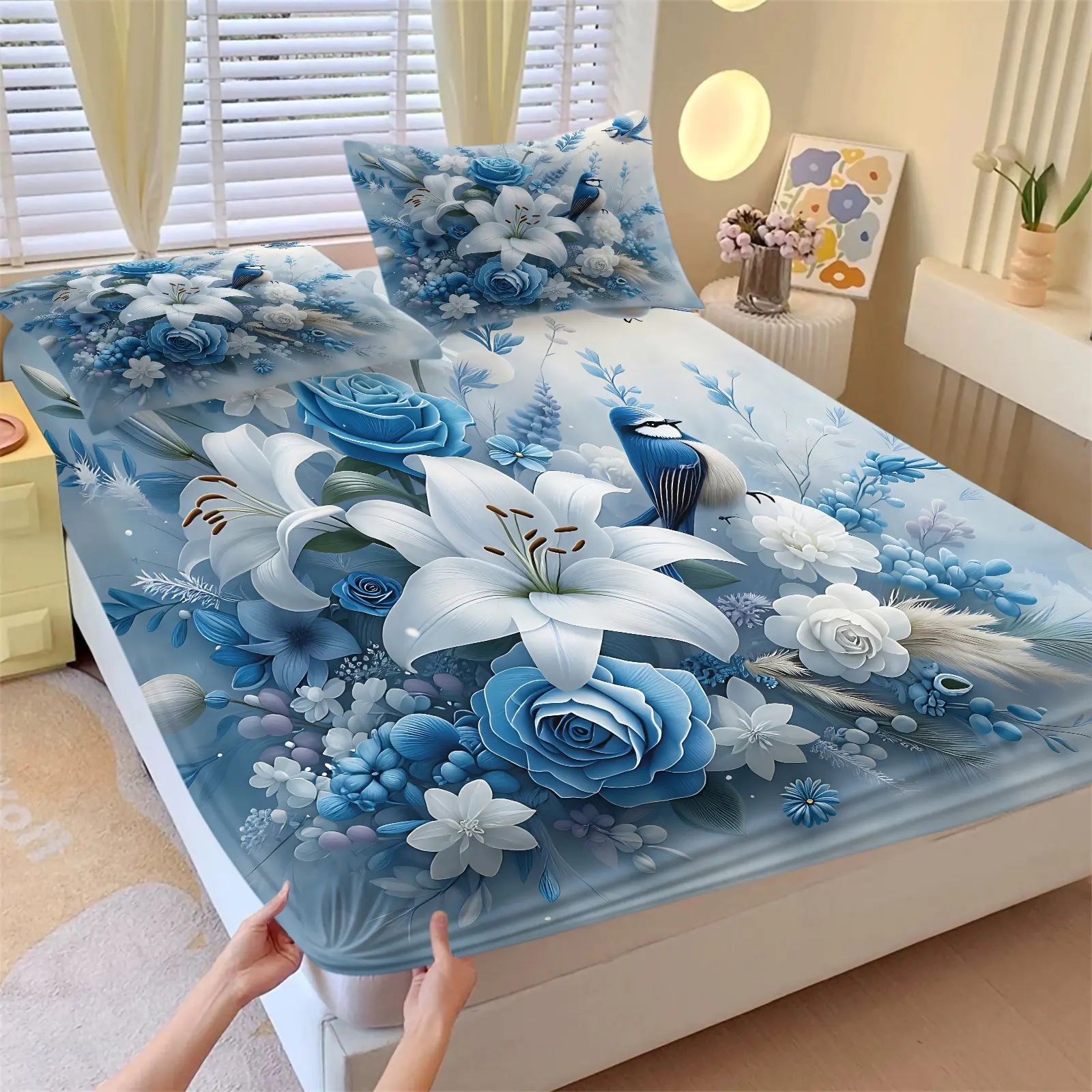 Elegant Watercolor Floral Bird Print Fitted Sheet Set, 1 Fitted Sheet & 2 Pillowcase, Romantic Floral Bedroom Botanical Bed Bedding Set All Size, Breathable Elastic Mattress Protector, Aesthetic Blue Floral Room Decor