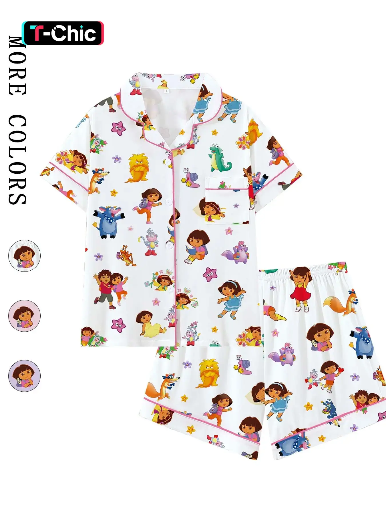 Women's 90s/00s Cartoon Character Print Pajama Set, Cute Short Sleeve Button Front Shirt & Elastic Waist Shorts Set, Loungewear, Casual 2-Piece Sleepwear for Nostalgic Fans, Contrast Binding Pjs
