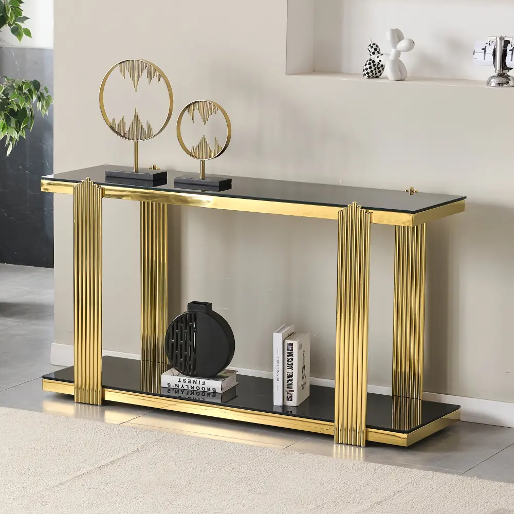55-inch Mirrored Console Table - Gold & Black or Silver & Black Color Scheme, 2-Tier Storage, for Living Rooms, Hallways
