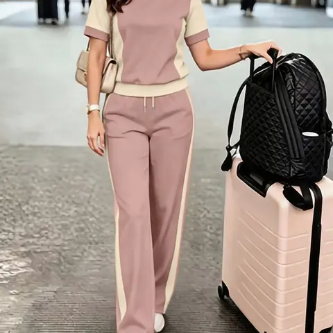 Spring & Summer Women's Casual Color-Block Round Neck Short Sleeve Top & High Waist Loose Straight Pants Set, Outfit, Beach Style, Travel Wear