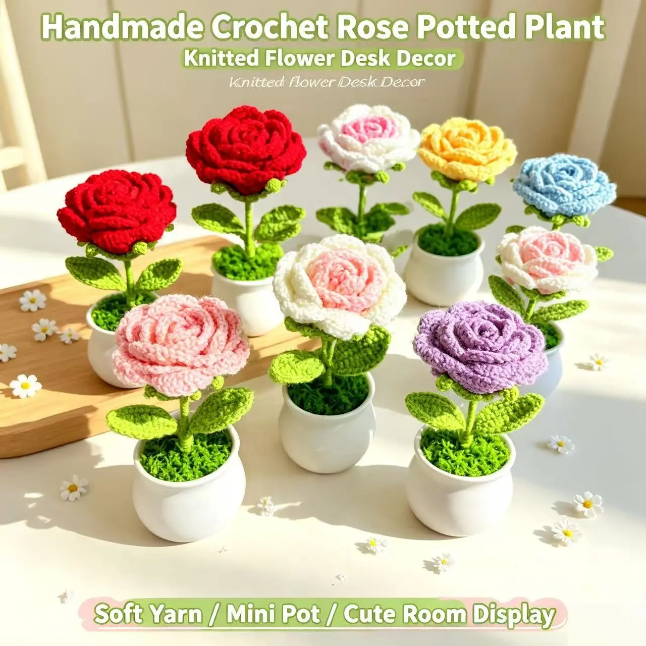 Handmade Crochet Rose Planter Ornament, Finished Yarn Crafted Floral Decor, Perfect for Home Décor, Unique Handcrafted Gift Idea