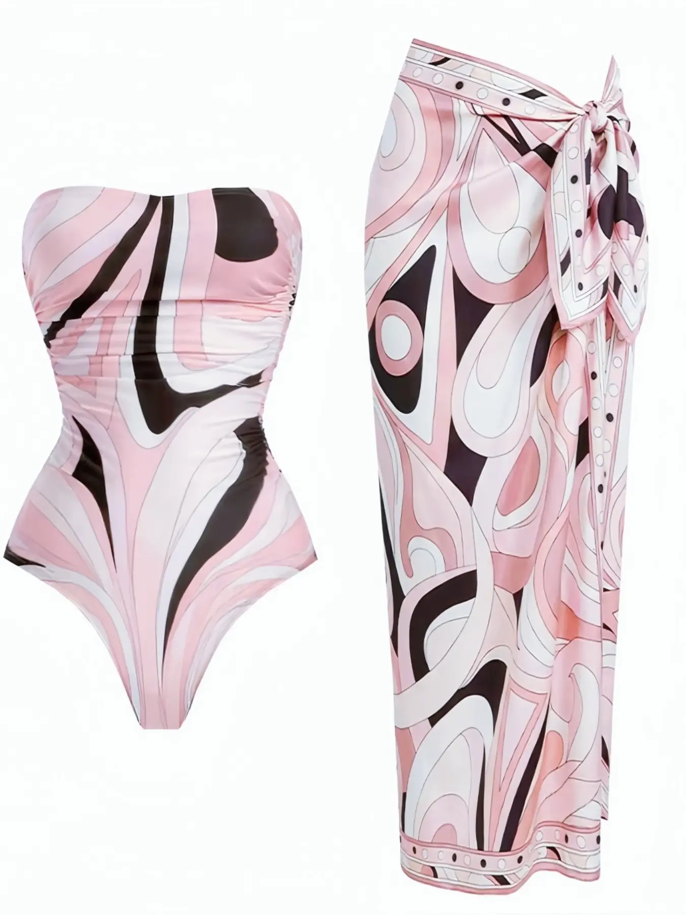 2 Piece Set 2026 New Random Print Swimsuit, High Waisted Swimsuit, European Style Sexy Bikini, One-Piece High Waist Swimwear with Half Skirt, Breathable Patchwork Design