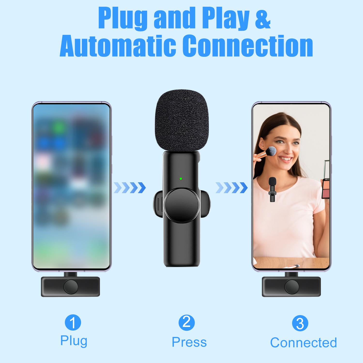 Wireless Microphone, USB Rechargeable Lavalier Microphone, Professional Microphone for Video Recording, Compatible with iPhone, iPad, Android, Audio