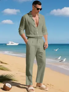 Simple Multi-Color Long Sleeve Shirt Beach Vacation Set, Collared Breathable Linen Shirt + Loose Linen Wide Leg Pants, Commute