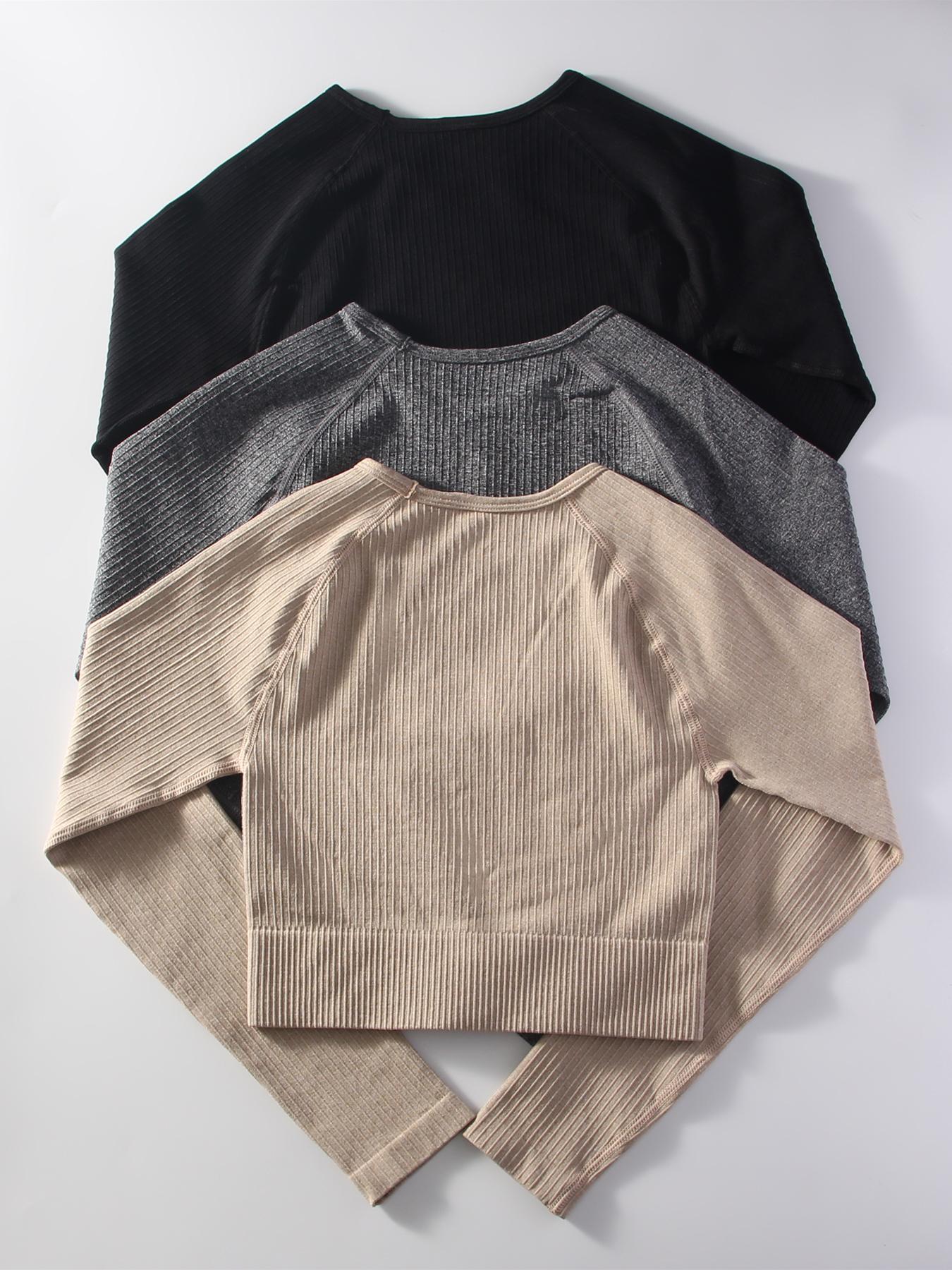 Plain Raglan Sleeve Crop Sports Tee, Casual Round Neck Long Sleeve T-Shirt for Gym Running Training, Women Sport & Outdoor Clothing for Fall & Winter