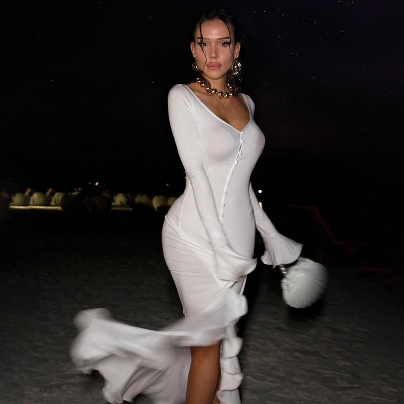 New Fashion V-neck Bell-sleeve Ruffle Dress with Hanging Decor Ornaments for Stylish Outfits and Hangable Decoration