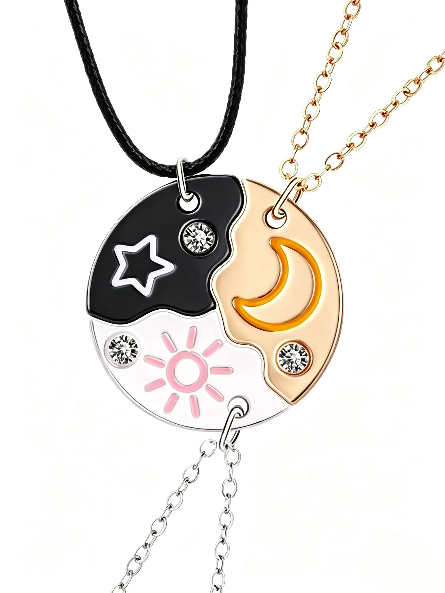 Three-person bestie necklace, trio set, sun, moon, and star friendship puzzle necklace for the best friends, three sisters, forever jewelry gift matching set