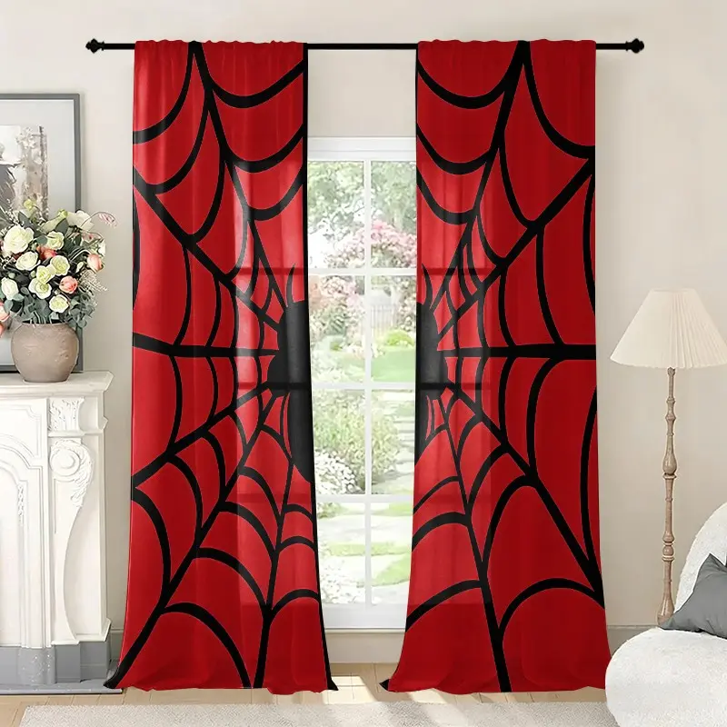 2pcs Spider Web Print Sheer Curtains, Polyester Semi Transparent, Rod Pocket, Fade Resistant, Hand &, Bedroom Decor