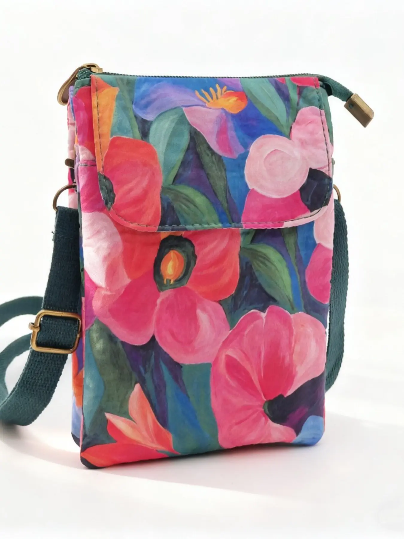 Handmade Mini Floral Crossbody Bag, Vintage Art Oil Painting Flower Phone Pouch, Lightweight Canvas Small Shoulder Bag, Women's Casual Travel Wallet