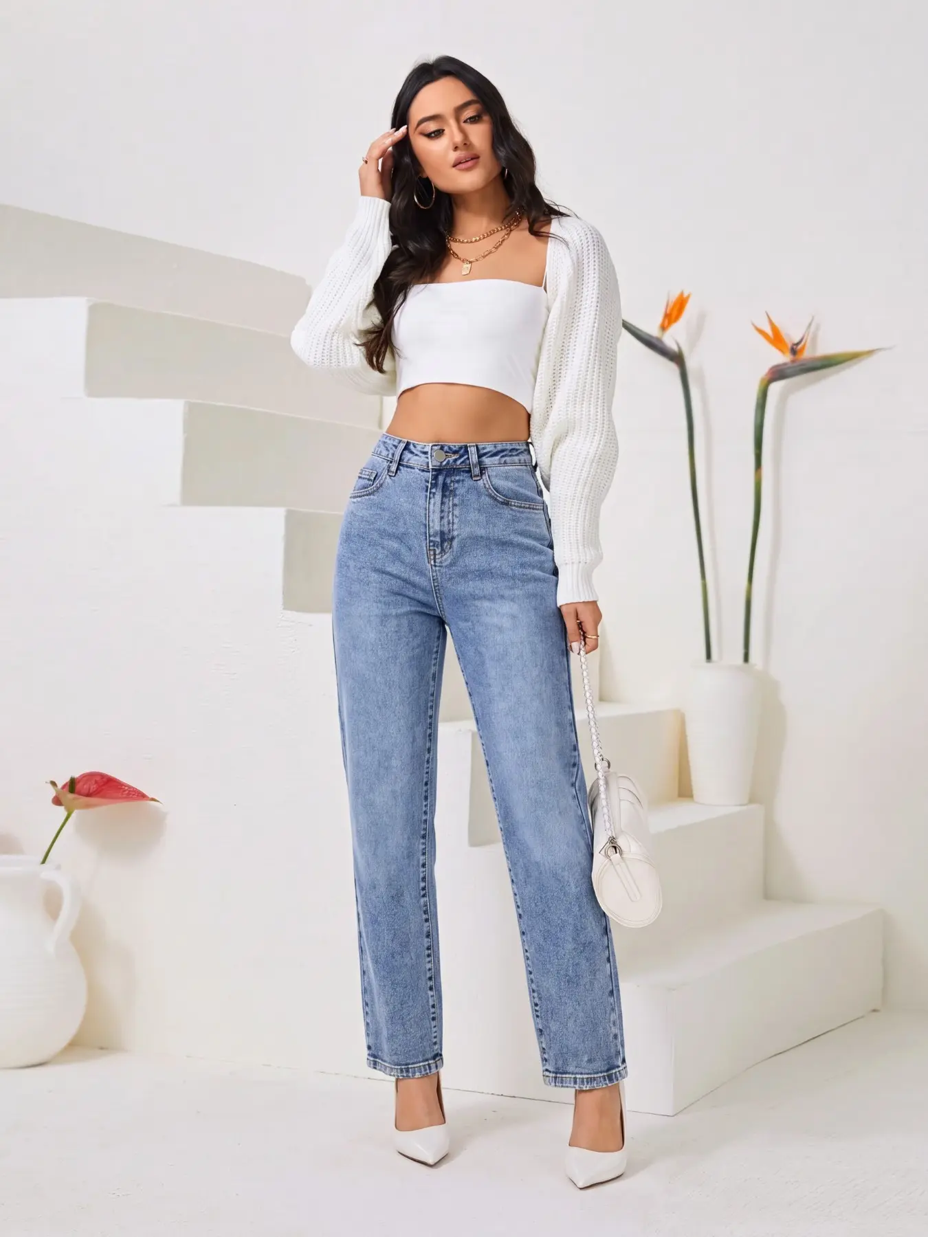 High Elastic Waist Straight Leg Jeans, Soft Light Wash, Spring Fashion, Thin Stretch Denim, Natural Fade, Fitted Nine-Inch Pants