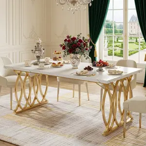 63 Inch Rectangular Modern Dining Table For 4-6 People, White Faux Marble Tabletop Dining Room Table With Unique Geometric Gold Metal Legs, Luxury Kitchen Dinner Table, Decor Home Furniture For Family Gathering