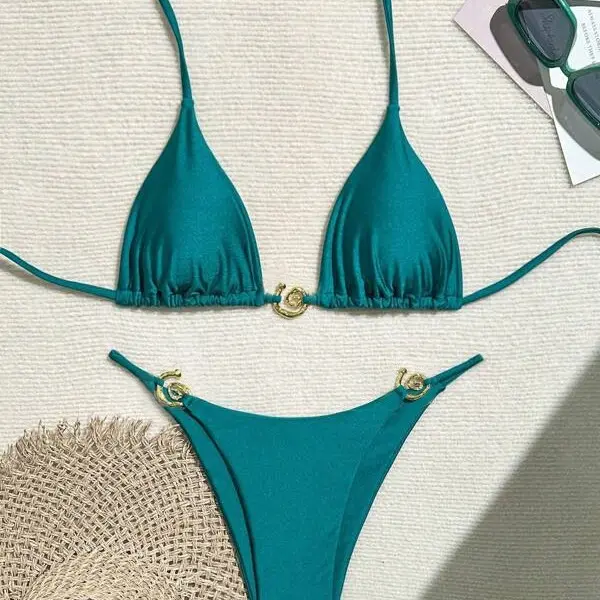 2025 Bikini with metallic rings, fine shimmer, high-end sexy two-piece bikini, solid color swimsuit wholesale