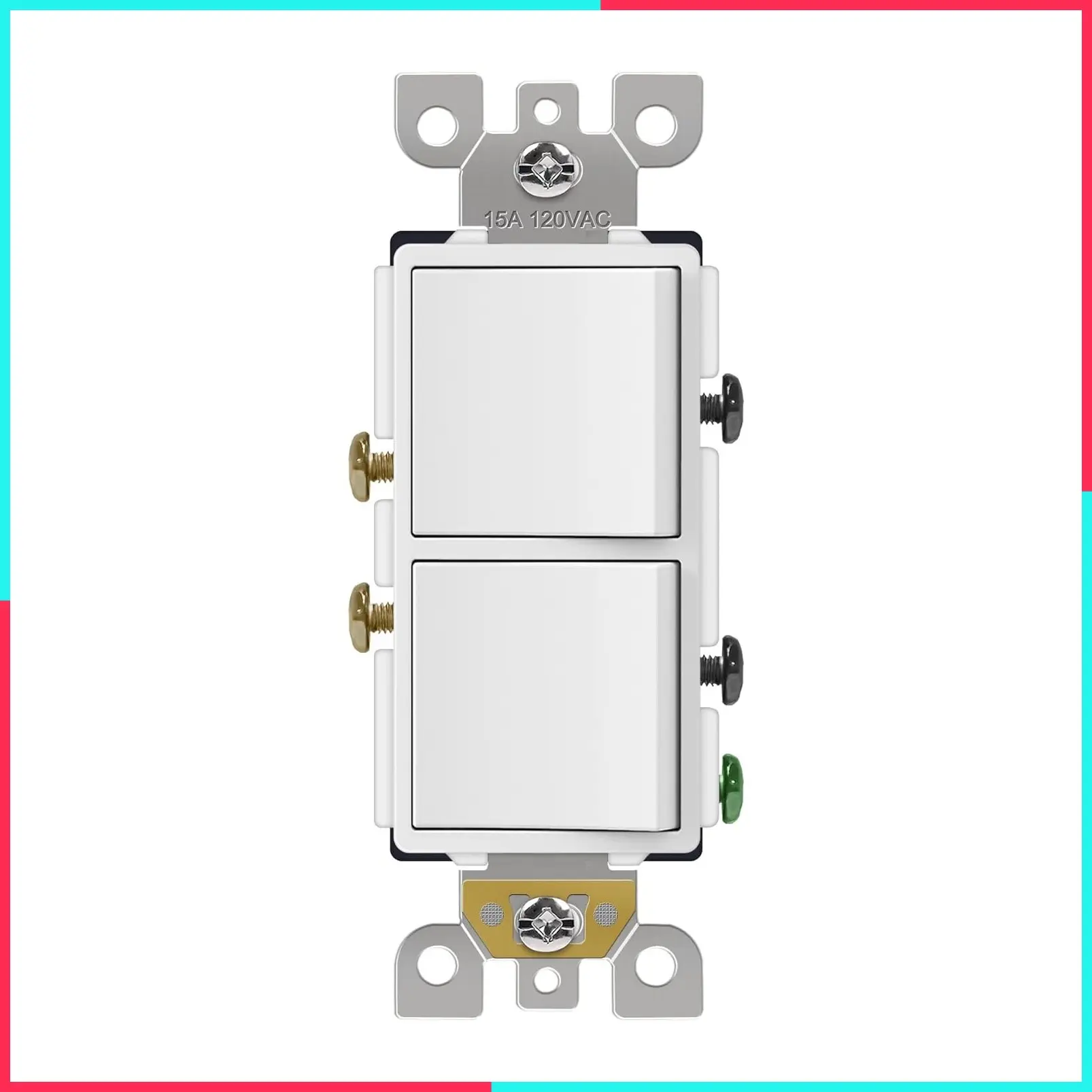 Decorator Light Switch, Dual Single Pole Paddle In-Wall Switch, Self-Grounding Electrical On/Off Interrupter, 15A 120V, UL Listed, 1 Pack, White