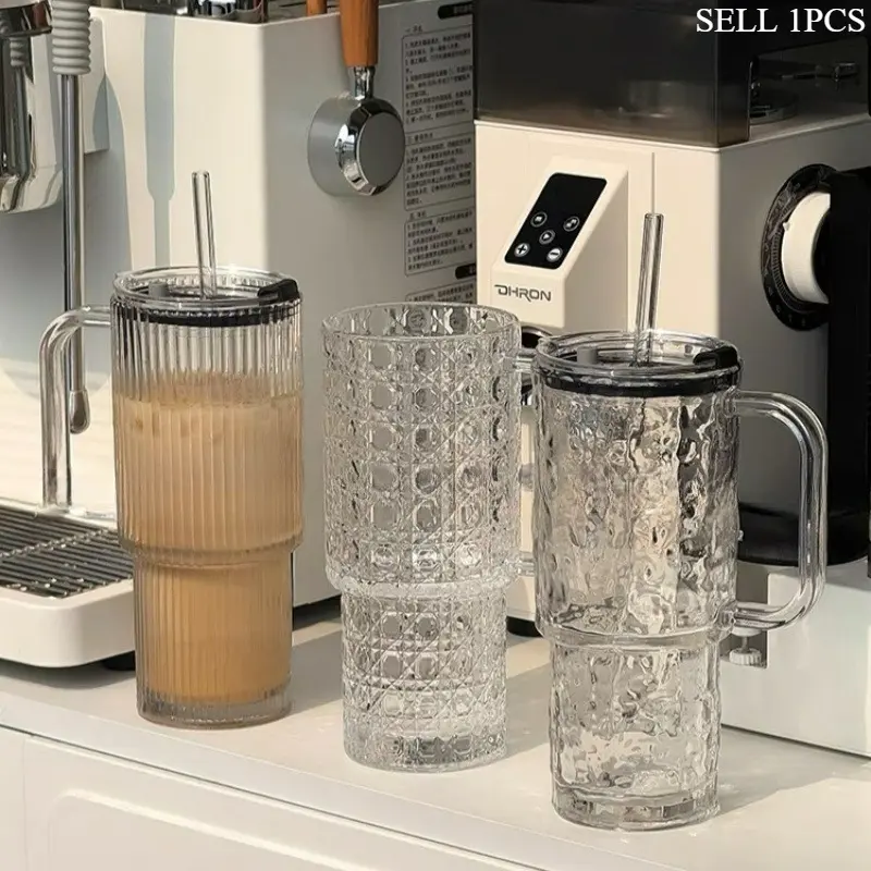 Glass Cup with Straw & Lid, Premium Thickened Glass Cup, Durable Glass Cup, Portable Large Capacity Drinking Cup, Cold Beverage Tumbler, Drinkware for Home & Office & Outdoor, Summer Cool Bottle