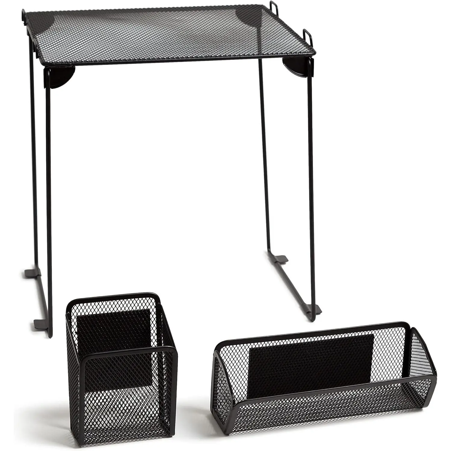 3-Piece Locker Organizer Shelf, Magnetic Mesh Cup and Bin, Black | The folding shelf holds up to 25 lb in a school, gym or work locker; the cup and bin grip the door on their own magnets.