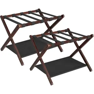 Luggage Racks, Set of 2 Folding Luggage Holders, Bamboo Suitcase Stands, with Nylon Straps and Oxford Fabric Shelf, for Guest Room, Hotel, Bedroom, Brown and Black BR17XLP201G1