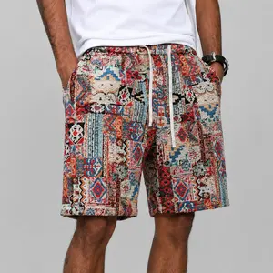 Menswear Men’s Vintage Tapestry Shorts - Elastic Waist, Drawstring, Casual Summer Beach Shorts