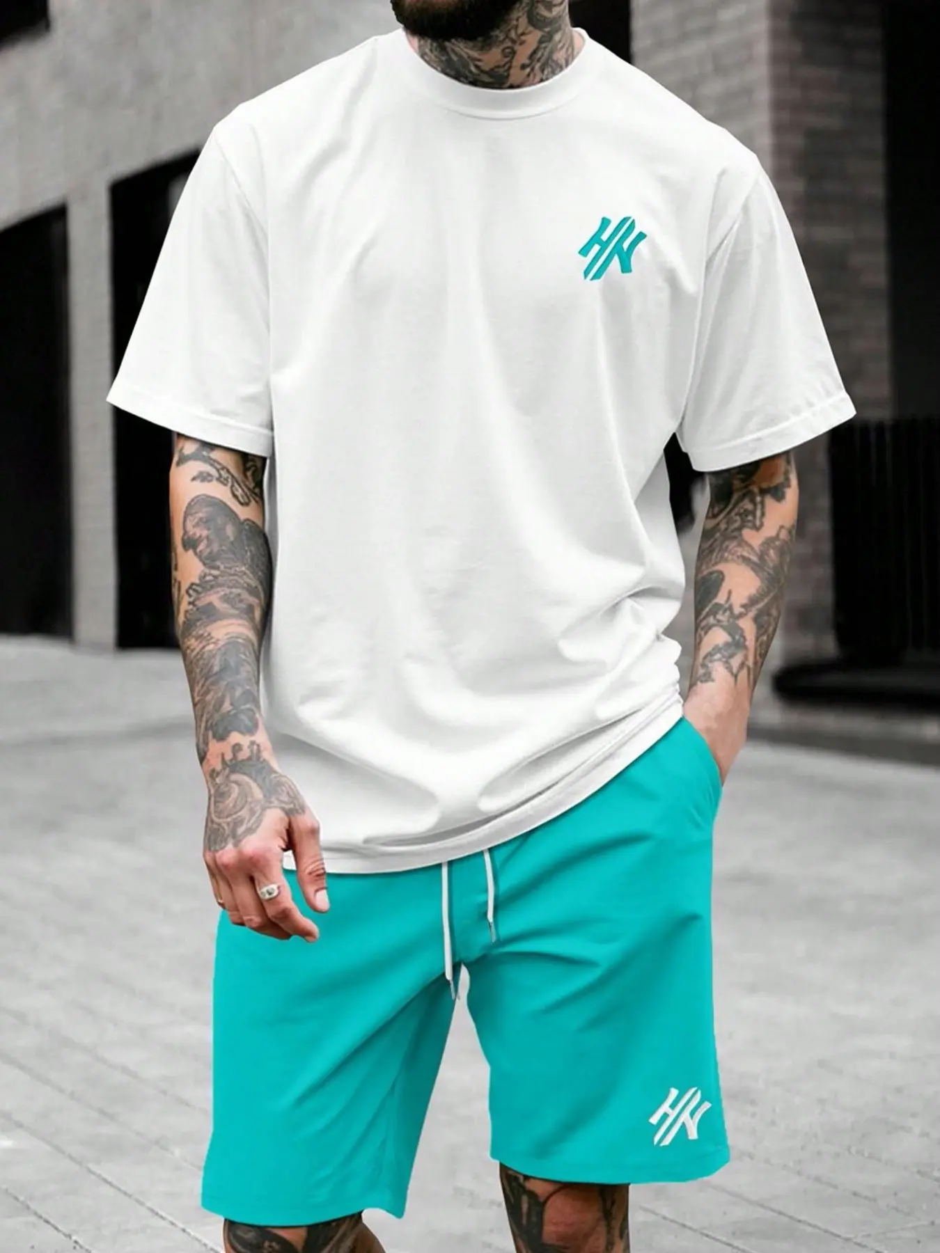 Men's Hong Kong Letter Print Short Sleeve Tee and Drawstring Shorts Set, Summer Casual Streetwear, Slim-Fitting, All Seasons Outfit