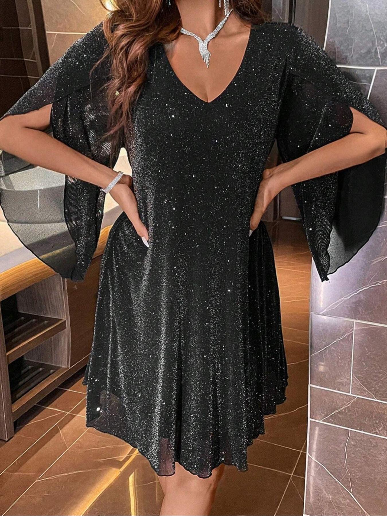 Women's Summer Sequin Cape Sleeve Mesh Dress, Soft Comfortable Fabric, Perfect for Evening Party Holiday Important Occasions, Elegance