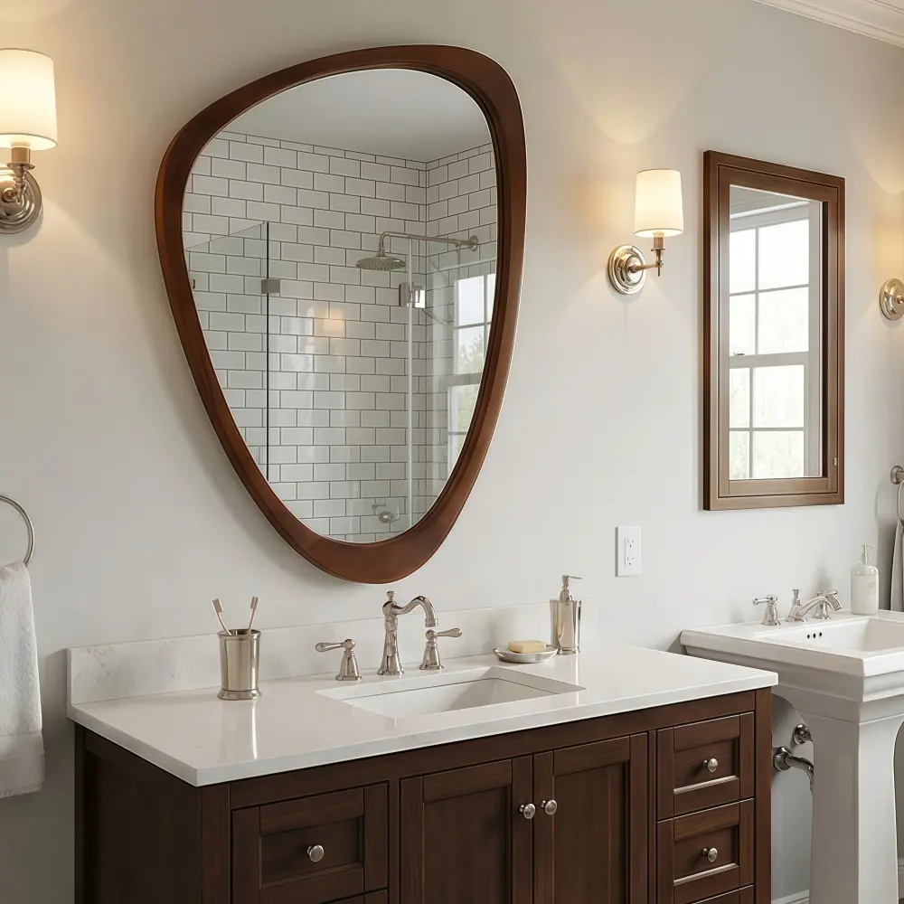 Littleox Black Walnut Color 20"x30" Irregular Solid Wood Frame Decorative Mirror,For Bedroom, Bathroom, Living Room, Entryway